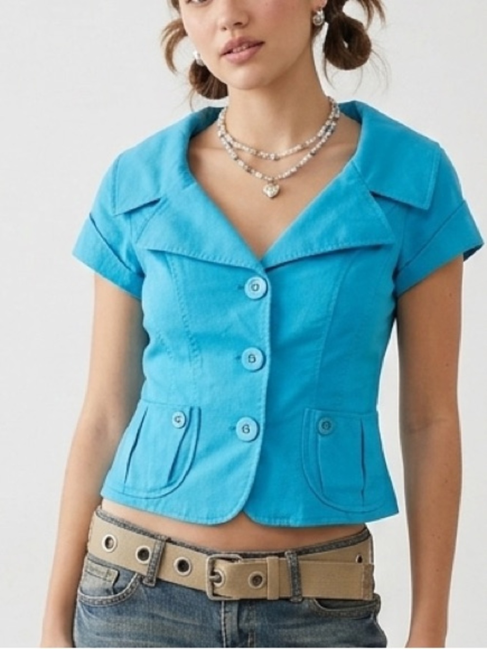 Y2K Melanie‎ Lyne Blue Short Sleeve Button Up Shirt Top Size 10 Large